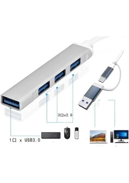 4 Port USB Çoklayıcı ve Type-C Adaptör – 2 In 1 Multi USB 3.0 Hub, MacBook Pro/air ve Type-C Cihazlar ile Uyumlu, Otg Destekli USB Dönüştürücü modelleri
