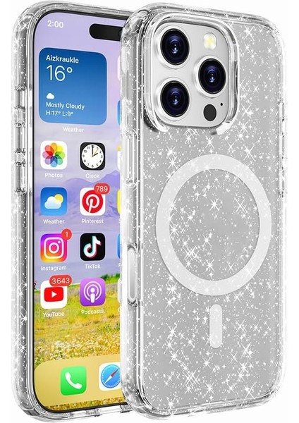 ile Uyumlu 16 Pro Max Kılıf M-Safe Şarj Özellikli Parlayan Simli Saydam Renkli Allstar Kapak Şeffaf