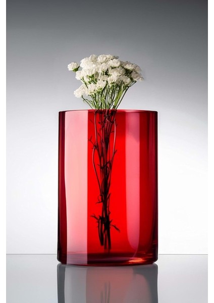 Dekoratif Kırmızı Cam Canlı Kuru Çiçek Mumluk Dekorasyon 12X15 cm