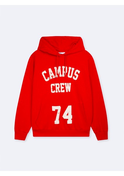 Uzun Kollu Kapüşonlu Slogan Baskılı Kırmızı Sweatshırt