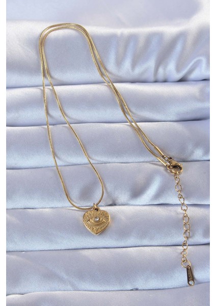 316L Altın Renk Zirkon Taşlı Işlemeli Göz Detay Kalp Kolye - Lisinya fiyatları