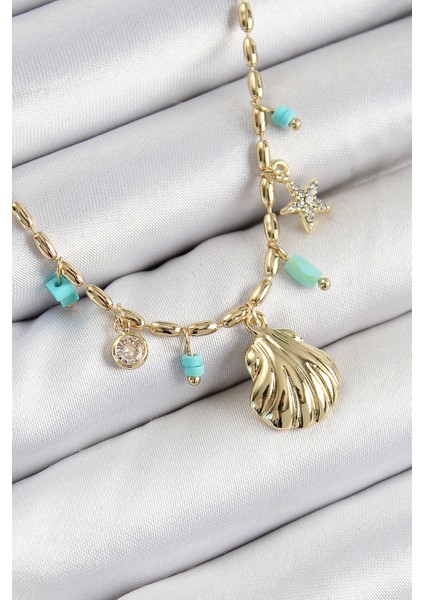 Pirinç Zirkon Taşlı Deniz Kabuğu Model Gold Renk Kadın Kolye - Lisinya