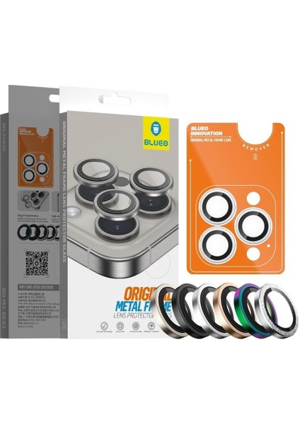 Blueo 16/16 Plus / 16 Pro / 16 Pro Max Uyumlu Metal Frame Aplikatörlü Kamera Lens Camı Koruyucu (Natural Gri, 16 Pro / 16 Pro Max)