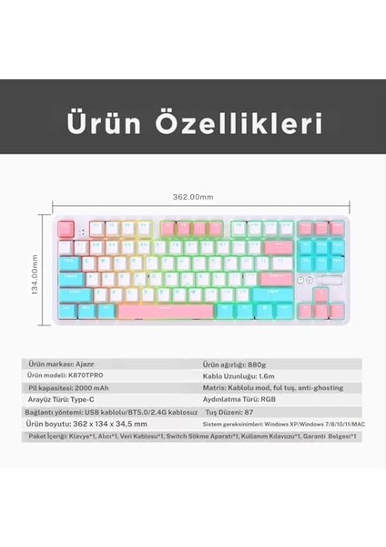 Ajazz K870T Pro Kablosuz Hot Swap Mekanik Oyun Klavyesi-Rgb - 10 Adet Switch, Tuş ve Switch Sökme Aparatı Hediyeli (K870T Pro Beyaz - Red Switch) fiyatları