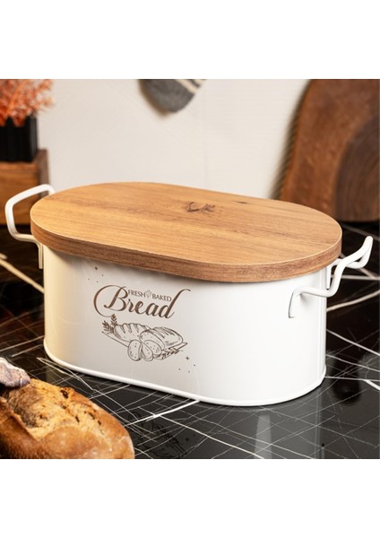 Metal Ahşap Kapaklı Tel Kulplu Metal Ekmeklik (Bread Baskılı) LN1293B