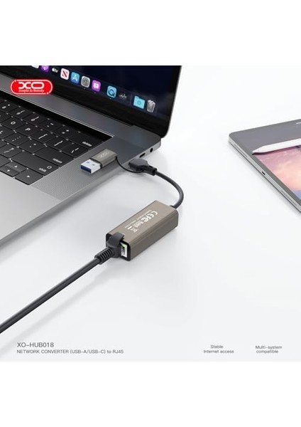 Xo Is Beauty Ethernet Dönüştürücü HUB018, USB ve Type-C Den Ethernet&apos;e Dönüştürücü, 10-100MBPS Destekler, Işletim Sistemleri Ile Uyumlu, Tak Çalıştır, Stabil Bağlantı, Gri modelleri