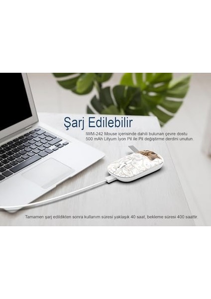 Inca IWM-242KT Çift Mod Şarj Edilebilir Kedi Desenli Sessiz Mouse, Bluetooth 5.4 + 2.4g, 500MAH, 70G, Beyaz modelleri