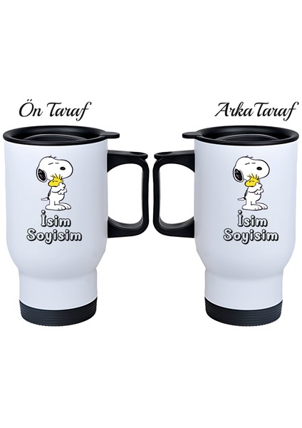 Kişiye Özel Kulplu Çelik Termos Bardak Snoopy Temalı