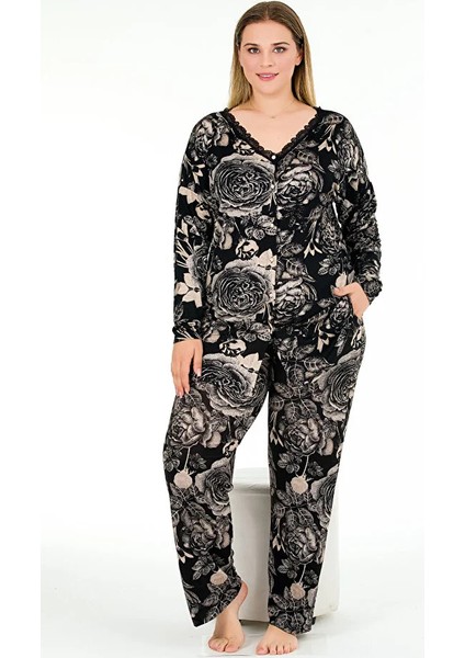 Lady Yaprak Desenli Yumuşacık Pijama Uzun Kollu Düğmeli Üst Büyük Beden Viskon Kumaş Pijama Takımı