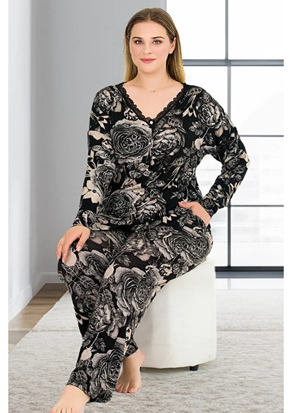 Lady Yaprak Desenli Yumuşacık Pijama Uzun Kollu Düğmeli Üst Büyük Beden Viskon Kumaş Pijama Takımı fiyatları