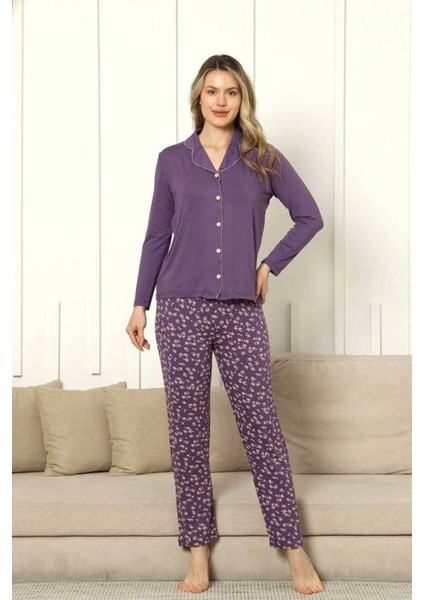 Önden Düğmeli Kadın Pijama Takımı - Mor Uzun Kol Likralı Rink Viskon 2854UY