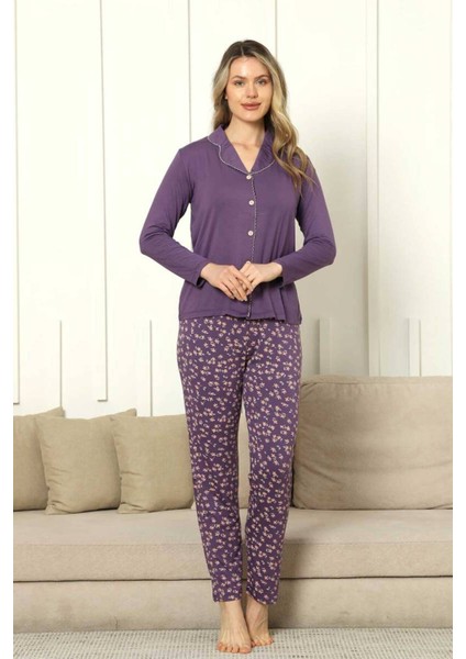 Önden Düğmeli Kadın Pijama Takımı - Mor Uzun Kol Likralı Rink Viskon 2854UY fiyatları