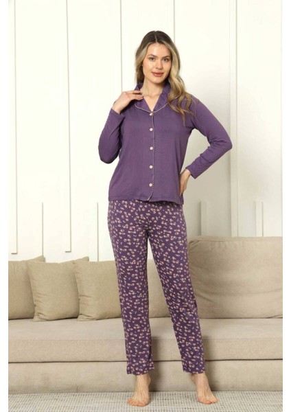 Önden Düğmeli Kadın Pijama Takımı - Mor Uzun Kol Likralı Rink Viskon 2854UY modelleri