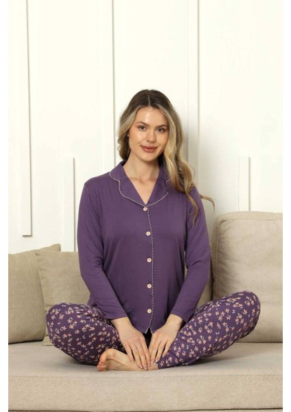 Önden Düğmeli Kadın Pijama Takımı - Mor Uzun Kol Likralı Rink Viskon 2854UY fırsatları