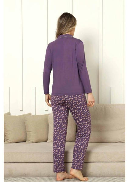 Önden Düğmeli Kadın Pijama Takımı - Mor Uzun Kol Likralı Rink Viskon 2854UY indirimleri