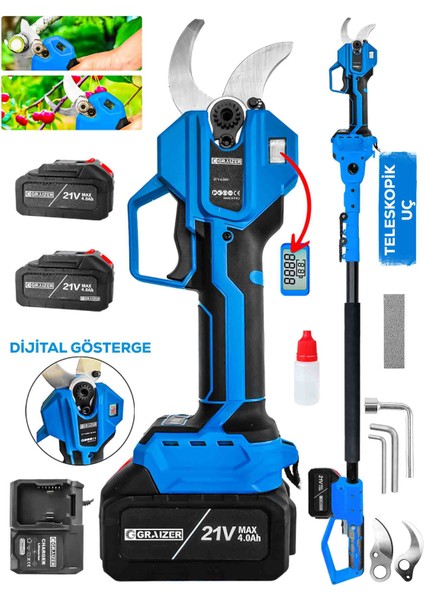 M-50 mm Dijital Kömürsüz Akülü Bağ Dal Ağaç Kesme Biçme Budama Şarjlı Makası Makinesi + Teleskop