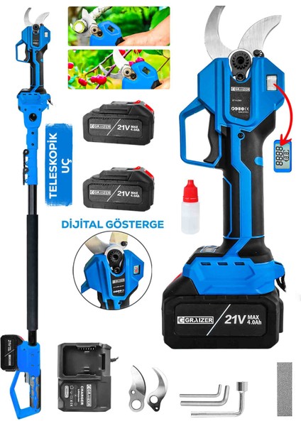 M-50 mm Dijital Kömürsüz Akülü Bağ Dal Ağaç Kesme Biçme Budama Şarjlı Makası Makinesi + Teleskop fiyatları