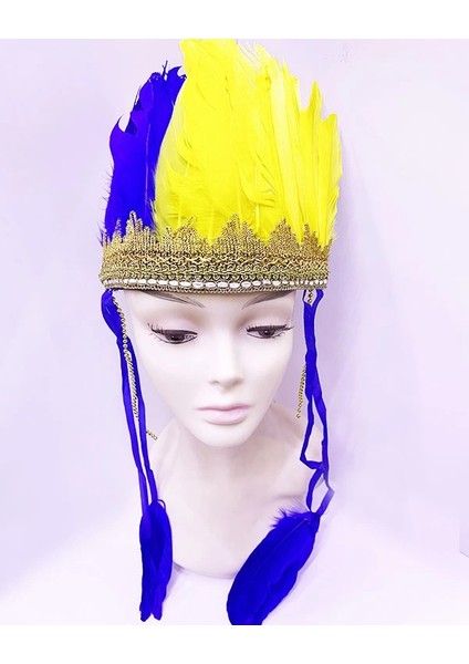 Sarı Lacivert Renk Tüylü Kızılderili Başlığı | Taraftar Başlığı