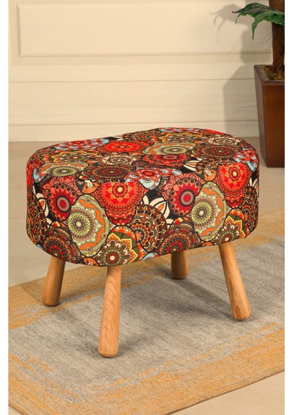pufi dekoratif puf - renkli - etnik desenli - gürgen ayaklı - oval puf - çok amaçlı kullanım - modern bench