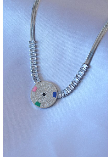 316L Çelik Gümüş Renk Zirkon Taşlı Italyan Zincir Burç Işeleme Madalyon Model Kadın Kolye - Lisinya