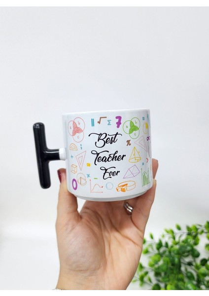 Öğretmenler Için Matematik Temalı Best Teacher Ever Yazılı Porselen T Kupa Bardak Latte Fincanı