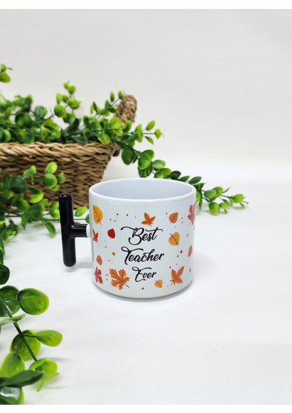 Öğretmenler Için Renkli Yaprak Desenli Best Teacher Ever Yazılı Porselen T Kupa Bardak Latte Fincanı