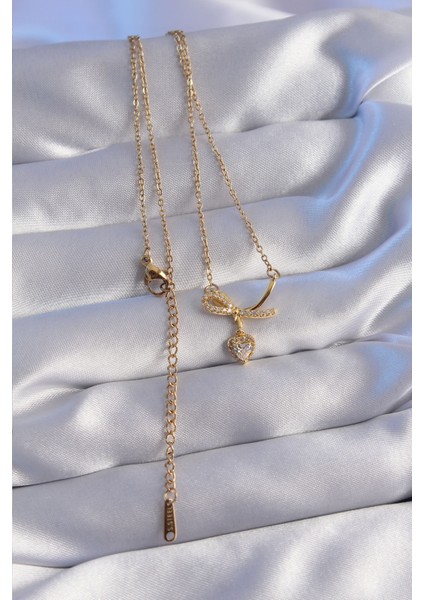 316L Çelik Zincir Gold Renk Zirkon Taşlı Yarım Fiyonk Kalp Kolye - Lisinya fiyatları