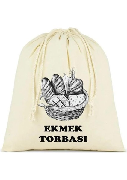 Torbası, Pamuk Bez Torba, 40X40 Cm, Baskılı Ekmek Desenli, Krem Rengi