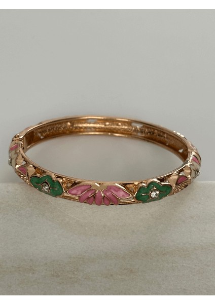 Pembe Yeşil ve Beyaz Renkli Çiçekli Gold Mineli Bilezik