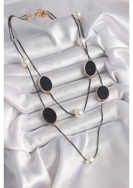 Pirinç Siyah Renk Zincir Inci Detaylı Çoklu Kadın Kolye - Lisinya fiyatları