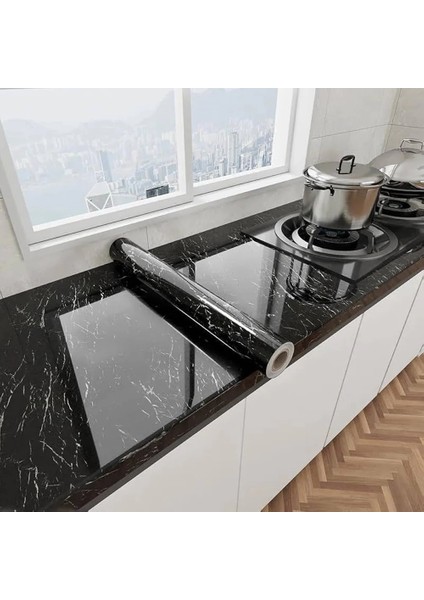 Siyah Mermer Desenli Yapışkanlı Tezgah Folyosu (3 Mt.x 60 Cm) ( Lisinya )