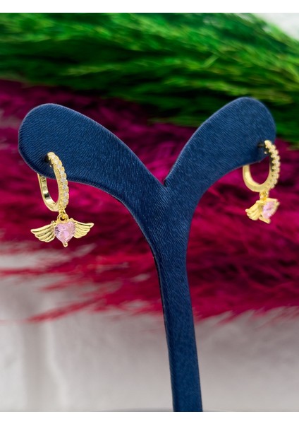 925 Ayar Gümüş Gold Renk Kalpli Pembe Kuvars Taşlı Melek Kanadı Modeli Lüks Kadın Küpe