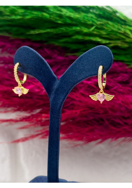 925 Ayar Gümüş Gold Renk Kalpli Pembe Kuvars Taşlı Melek Kanadı Modeli Lüks Kadın Küpe fiyatları