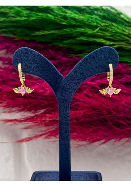 925 Ayar Gümüş Gold Renk Kalpli Pembe Kuvars Taşlı Melek Kanadı Modeli Lüks Kadın Küpe modelleri