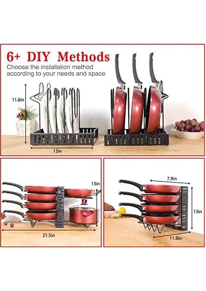 Tencere Rafları, Kaymaz Ayaklarla 10 Kademeli Ayarlanabilir Yükseklik, 6 Kendin Yap Yöntemi, Genişletilebilir Mutfak Dolabı Kiler Tavaları ve Tencere Kapağı Düzenleyici Raf Tutucu, Siyah modelleri