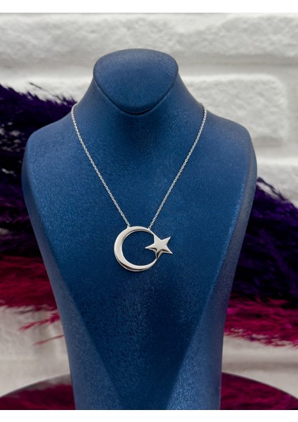 925 Ayar Gümüş Taşsız Tasarım Ayyıldız Modeli Trend Kadın Kolye