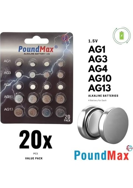20 Adet AG1,AG3,AG4,AG13 Alkalin Karışık Pil modelleri