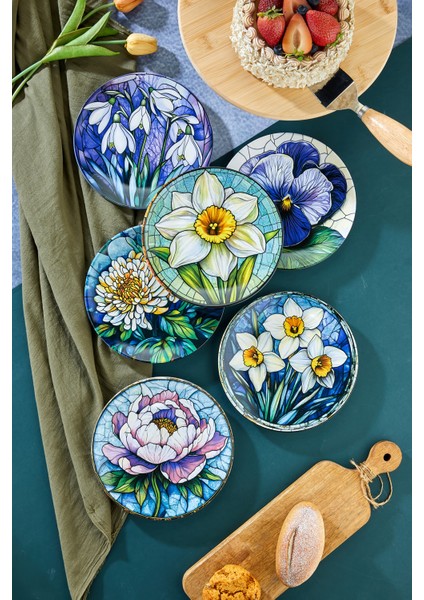6’lı Çiçek Desenli Pasta Tabağı Seti