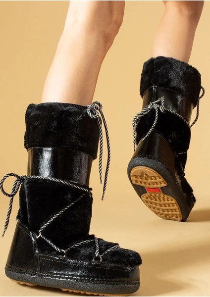 Siyah Kürklü Suni Deri Detaylı Kadın Kar Çizmesi Moon Bot modelleri