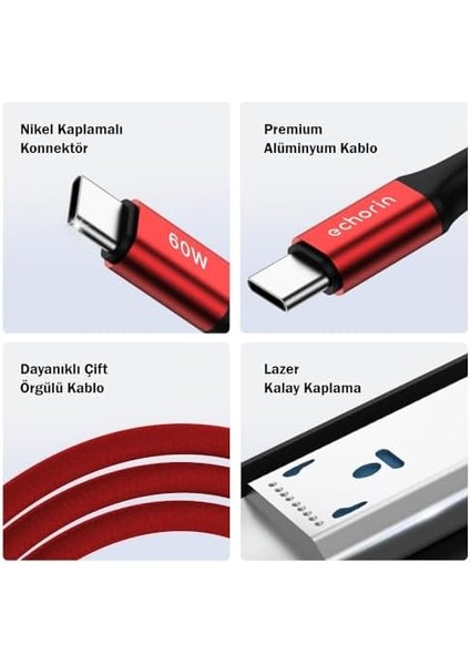 USB C&apos;den USB C&apos;ye 60W, 2.4A, 1m, Pd 2.0, Çift Kat Örgülü Hızlı Şarj ve Data Kablosu (Kırmızı, 1 Metre) modelleri
