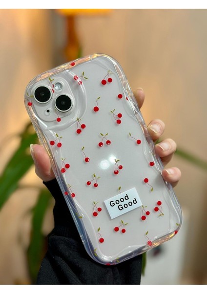 Go Aksesuar 14 Plus - 15 Plus ile Uyumlu 3D Dalgalı Cherry Şeffaf Baskı Desenli Silikon Kılıf