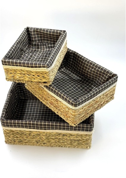 3&apos;lü Hasır Sepet Seti – Bezli Ekmek Sepeti, Dekoratif Hasır Saklama Sepeti, Mutfak ve Düzenleyici, Havlu ve Meyve Sepeti, Çok Amaçlı Hasır Sepet Takımı (Dikdörtgen)