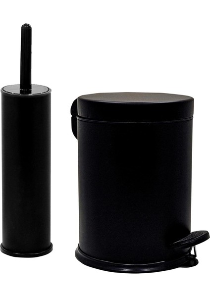 Eko Serisi Ayak Basmalı Özellikli 2&apos;li Seti 3 Litre Çöp Kovası ve Kolozet Fırçası Paslanmaz Siyah