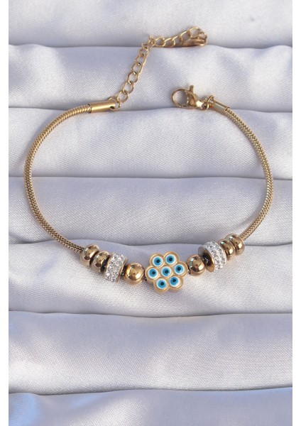 316L Çelik Gold Renk Zirkon Taşlı Nazarlı Çiçek Tasarımlı Bileklik - Lisinya