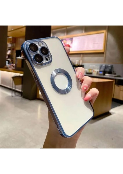 Aksesuar 14 Pro ile Uyumlu Laser Şeffaf Parlak Arka Yüzey ve Logo Detaylı Kenarları Silikon Yapıya Sahip Lens Kılıf (Mavi)