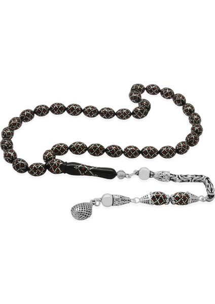 925 Ayar Gümüş Kral Püsküllü Ekose Motifli Gümüş Mercan Işlemeli Arpa Kesim Erzurum Oltu Taşı Tesbih