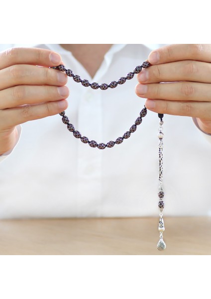 925 Ayar Gümüş Kral Püsküllü Ekose Motifli Gümüş Mercan Işlemeli Arpa Kesim Erzurum Oltu Taşı Tesbih modelleri