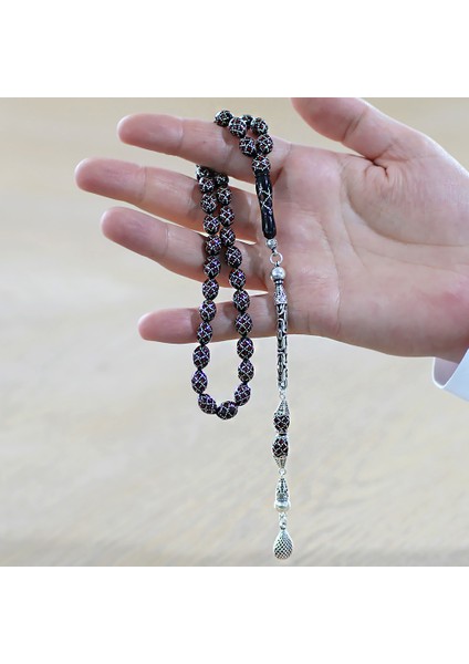 925 Ayar Gümüş Kral Püsküllü Ekose Motifli Gümüş Mercan Işlemeli Arpa Kesim Erzurum Oltu Taşı Tesbih fırsatları