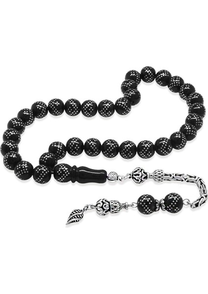 925 Ayar Gümüş Kral Zincir Püsküllü Gümüş Çift Zikzak Işlemeli Rus Oltu Tesbih