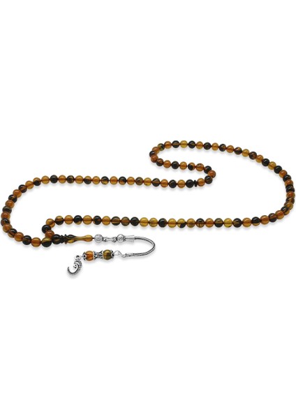 925 Ayar Gümüş Püsküllü Küre Kesim Sarı Siyah Ateş Kehribar 99 Taneli Namaz Tesbihi